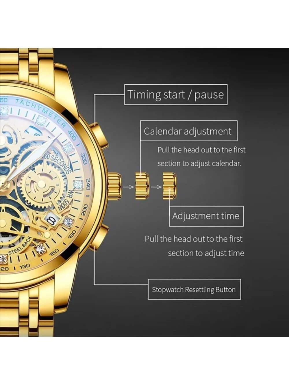 Mens Gold Stainless Steel Analog Chronograph 3ATM Waterproof Luxury Wrist Watch